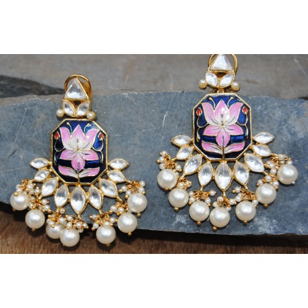Lotus Blue-Pink Enamel Pearl Diamond Dangler Earrings